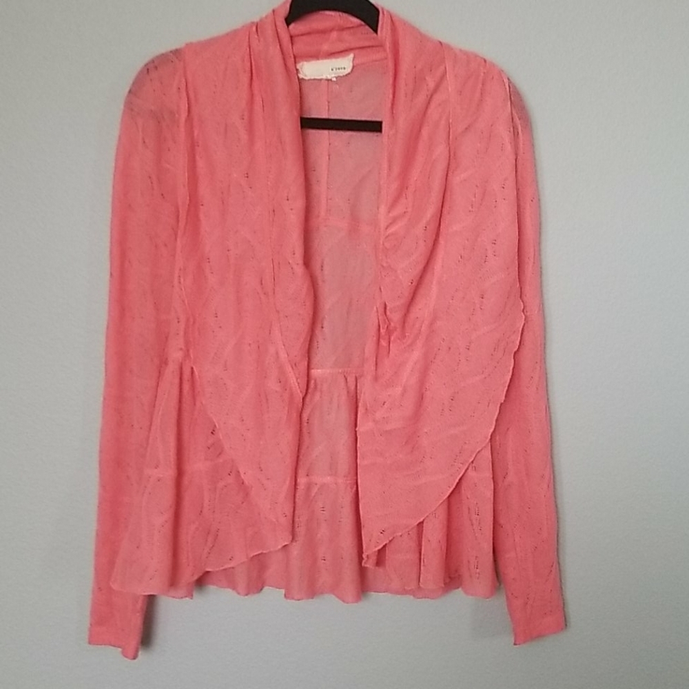 A'reve Girly Sweet Open Front Coral Ruffle Knit Cardigan Small